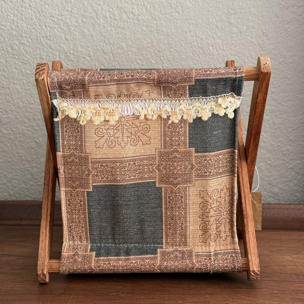Vintage Folding Sewing Caddy Wood Fabric Knitting Magazine Basket